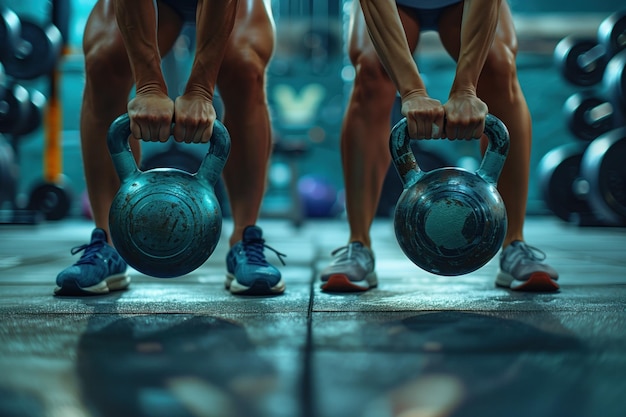 Photo lowangle view of athletic individuals gripping kettlebells for deadlifts in gym focus on muscular arms and fitness gear concept of strength training and determination