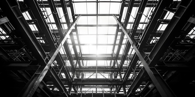 Photo lowangle view of a steel skeleton building under construction looking up concept construction site steel structure building development lowangle view urban landscape