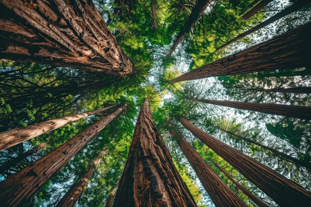 Photo a lowangle view of towering redwood trees in a dense green forest towering redwoods stretching towards the sky in a dense forest