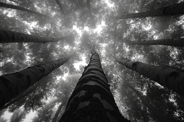 Photo a lowangle view of tree trunks in a foggy forest