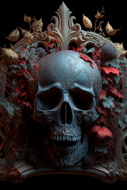 Lowers grow through the skull dark fantasy Background land crimson mist and moonlight