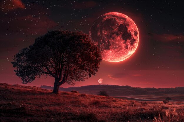 Photo lowhanging red moon in night sky with lone tree in field a red moon hanging low in the night sky casting a bloodred glow over the landscape