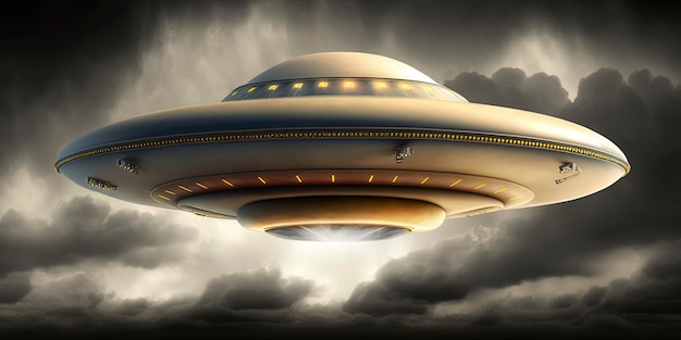 Lowing saucer shaped ufo hovering in the sky alien writing sky