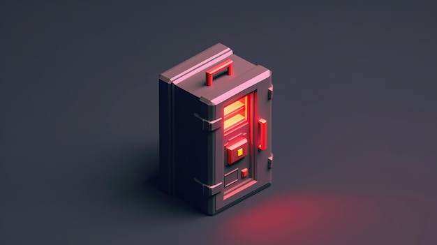 Lowpoly 3d illustration of a safe with a glowing red light coming from the inside