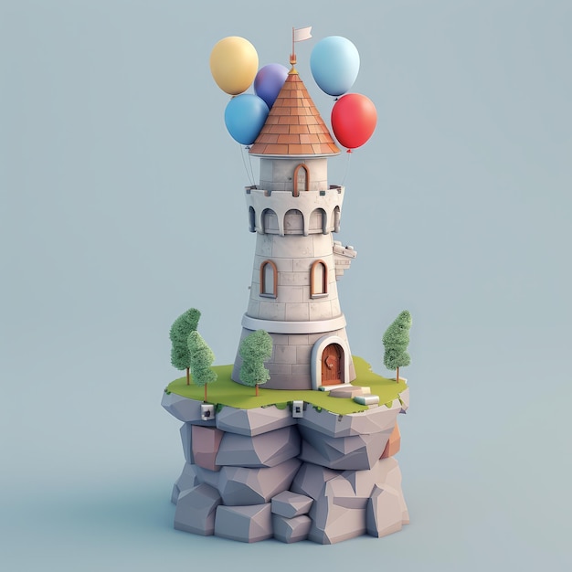 Photo a lowpoly 3d medieval tower with colorful balloons attached at the top