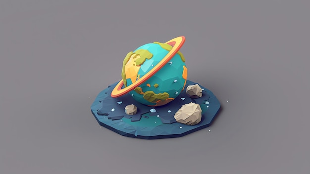 Photo a lowpoly 3d rendering of a planet with a ring system set on a platform with asteroids