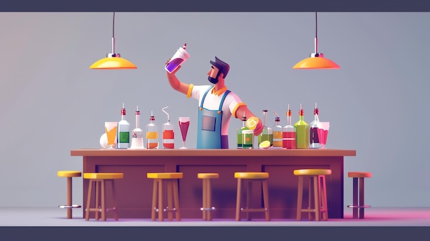 Photo lowpoly cartoon bartender makes a cocktail behind the bar