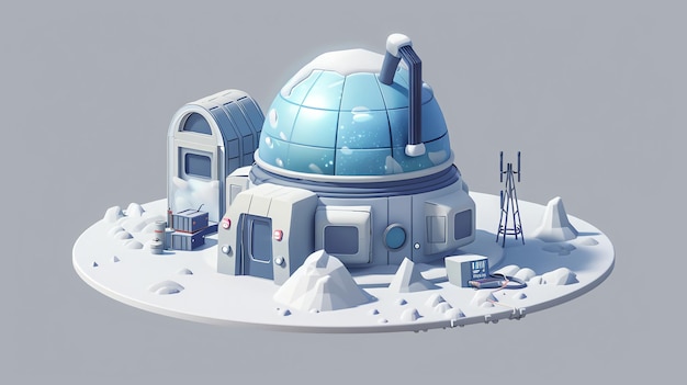 Photo a lowpoly cartoonstyle illustration of a futuristic space station on a snowy white and gray planet