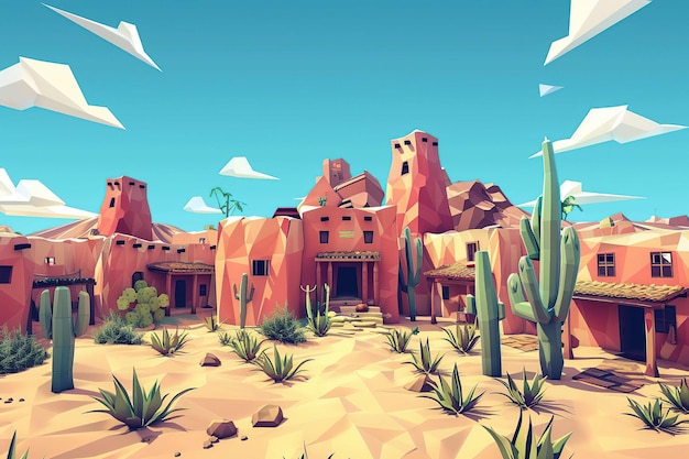 Photo lowpoly desert town with adobe houses