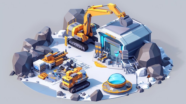 A lowpoly illustration of a futuristic mining outpost on a desolate planet