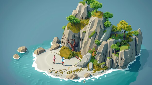 Photo lowpoly illustration of a small island with two people walking on a sandy beach