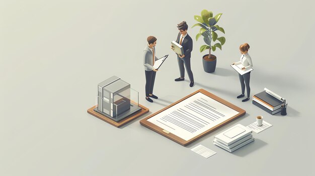 Photo lowpoly isometric 3d illustration of a business meeting with two men and a woman in suits discussing a contract