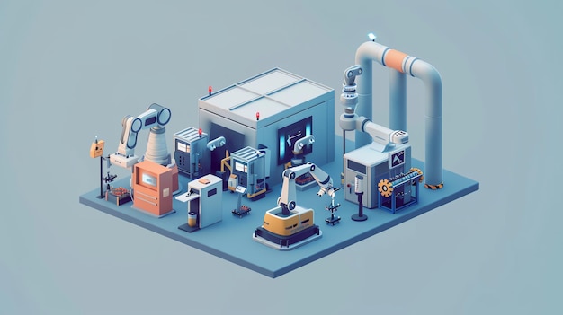 A lowpoly isometric 3D illustration of a futuristic factory