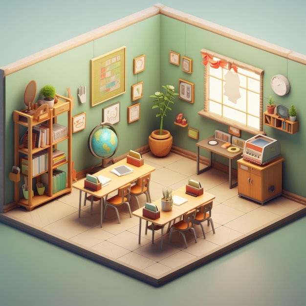 Photo a lowpoly isometric illustration of a classroom with desks chairs a globe a bookshelf plants and a w