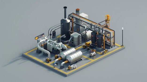 A lowpoly isometric illustration of an industrial facility with pipes and tanks