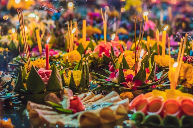 Loy Krathong festival People buy flowers and candle to light and float on water to celebrate the Loy Krathong festival in Thailand