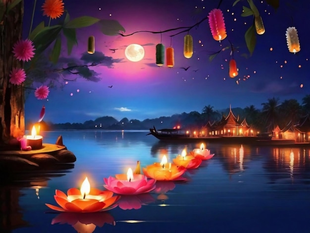 Loy Krathong festival with colorful candles light