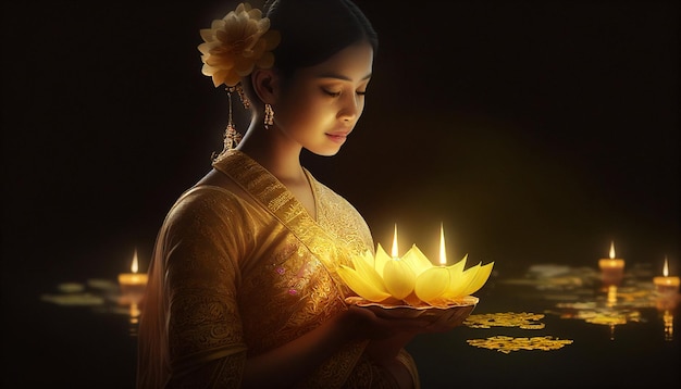 Loy Krathong Traditional Festival Thai woman hold kratong Thailand Asia woman in Thai dress traditional hold kratong and bring Krathong to float in Loi kratong day of Thailand Generative AI