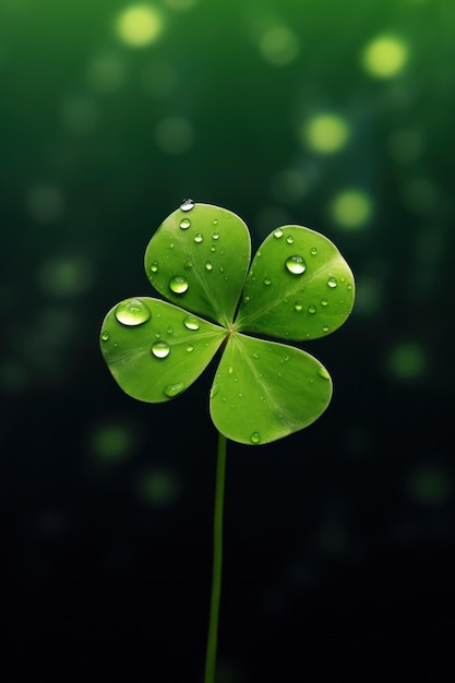 A Lucky Four Leaf Clover Glistening with Dew Drops