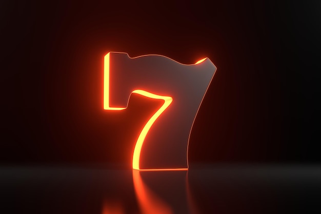 Lucky seven with neon orange lights on black background Casino symbol 3D render illustration