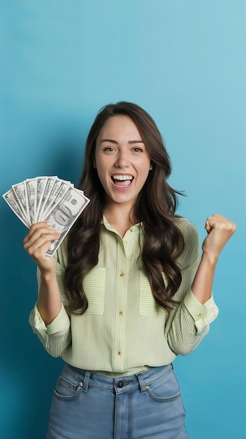 Lucky young woman looks excited shouting from satisfaction and triumph winning money holding dol