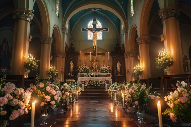 Lugar iluminado capilla con cruz catolica con decoracion de flores elegantes