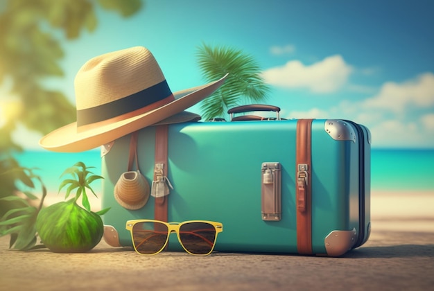 Luggage bag with hat and glasses for travel with beach background summer photo concept generative ai