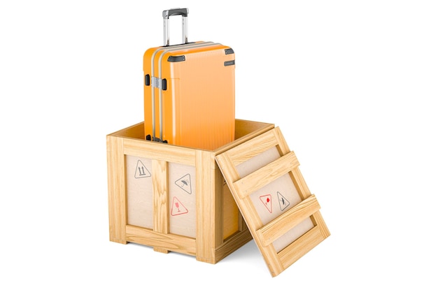 Luggage inside wooden box delivery concept 3D rendering