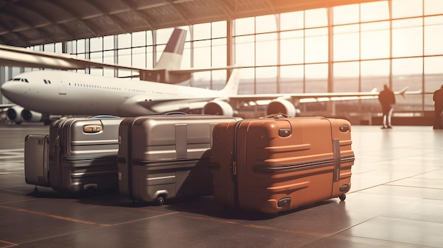 Luggage in a large airport with a plane in the background