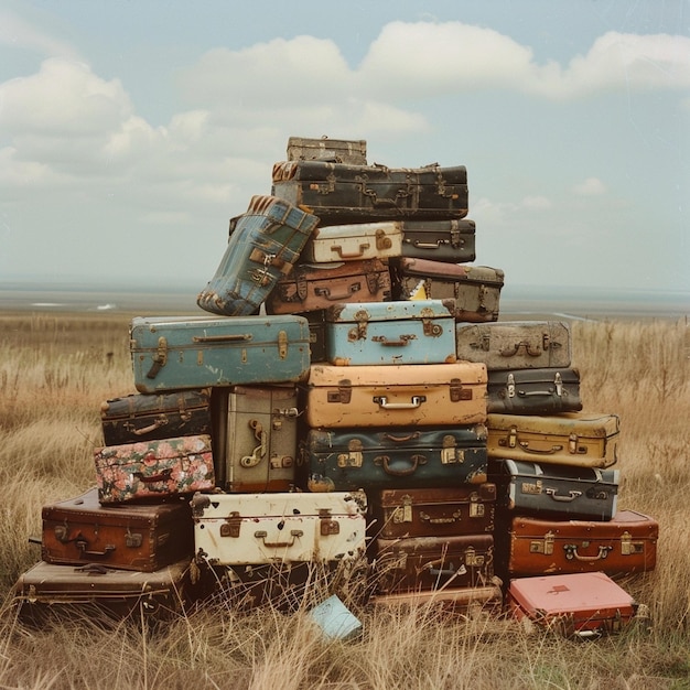 Luggage stacked in a field ready for travel