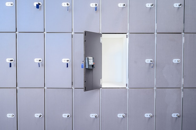 Luggage storage in the shopping center, one box is open