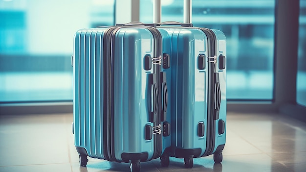 luggage suitcases at the airport wide banner with copy space for vacation and travel concepts