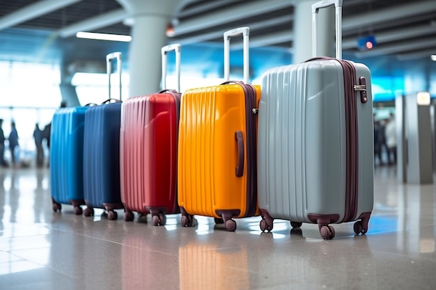 Luggage suitcases at the airport wide banner with copyspace Generative Ai