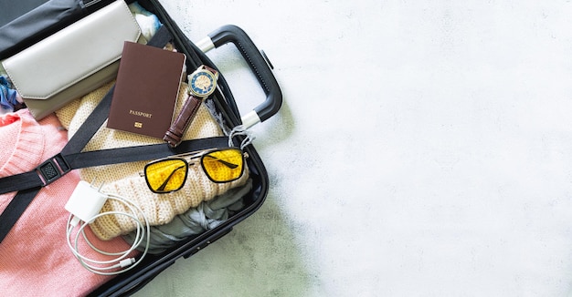 luggage and travelcostume Travel equipment Passport suitcase sunglasses travel map fee prepared