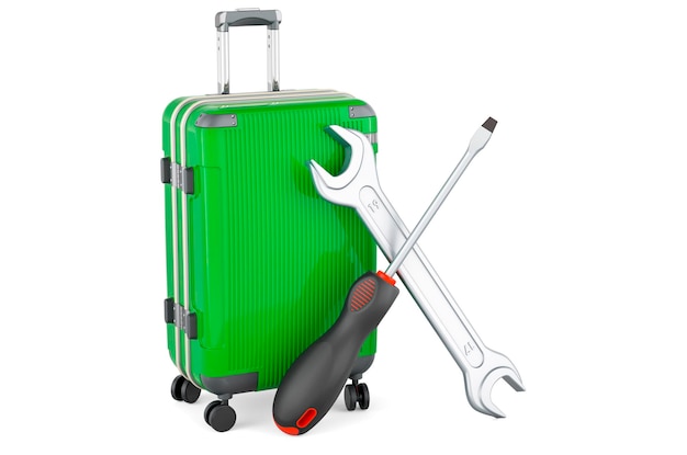 Luggage with screwdriver and wrench 3D rendering