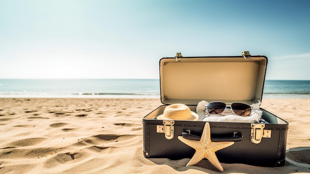 Luggage with star on sandy beach copy space Generative AI