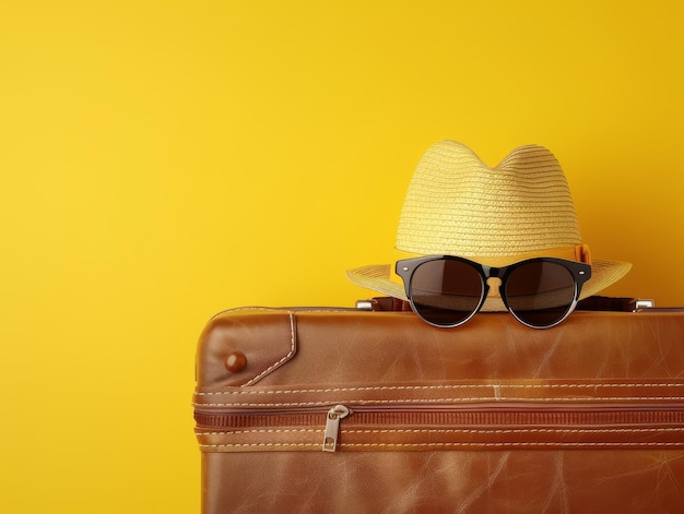 A luggage with sunglasses and a hat on it in a commercial photography style with a minimalist style