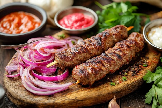 Photo lule kebab with onions and spices on a wooden board