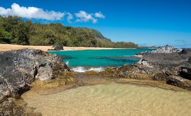 Lumahai Beach Kauai with waves flowing into pool