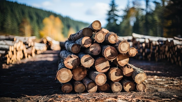 Lumber in the forest cut wooden logs in the stack Logging harvesting wood for fuel and firewood Sawn trees from the forest Logging timber industry Cut trees prepared for removal Generative AI