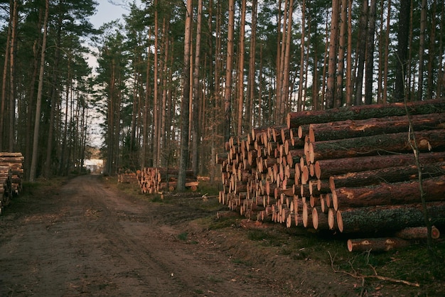 Lumber stored in stacked piles in forest Close up of wooden logs sorted