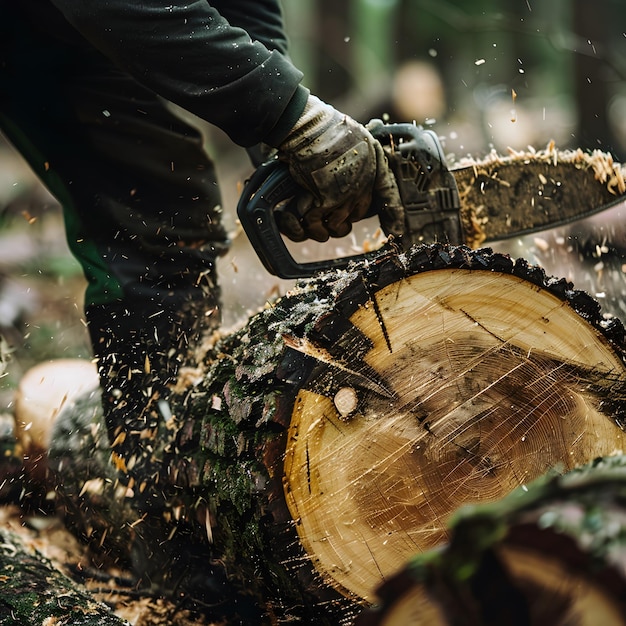 Photo lumberjack cutting log with chainsaw