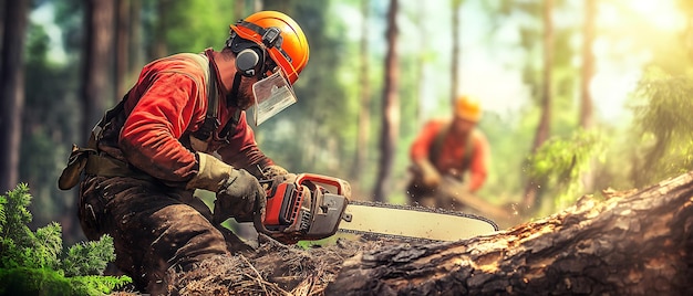 Photo lumberjack cutting trees with electric chainsaw forest worker in background sunny day