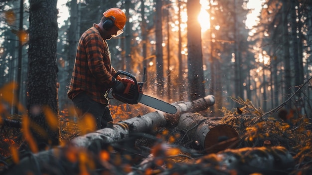 A lumberjack operates a chainsaw in the woods the golden light of sunset filtering through the trees behind him