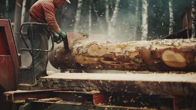 Photo a lumberjack operating heavy machinery cuts through a massive log in a forest setting capturing the raw power and skill in forestry work