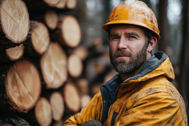 Photo lumberjack wearing hard hat posing in forest near pile of logs