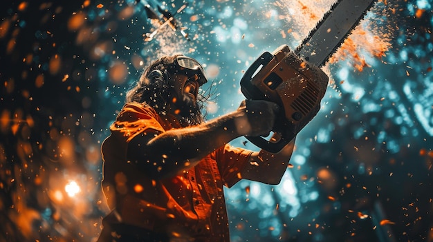 Photo lumberjack with chainsaw cutting wood with flying sparks