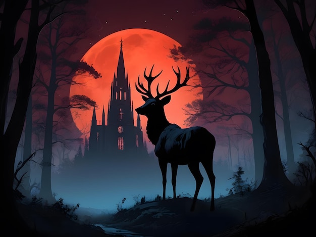 Luminescent Deer in Enchanted Woods with Gothic Cathedral at Night Generative AI