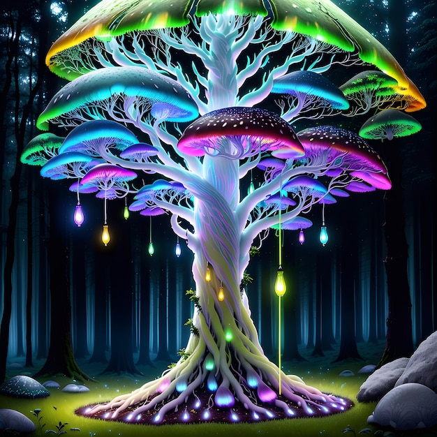 Luminescent mushroom trees glowing fantasy plants contrasting illustration ai generated