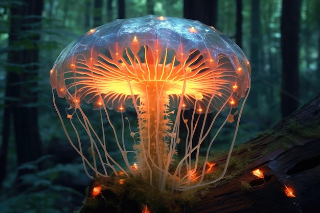 Luminescent Translucide Mushroom with Complex Details extreme closeup Generative AI